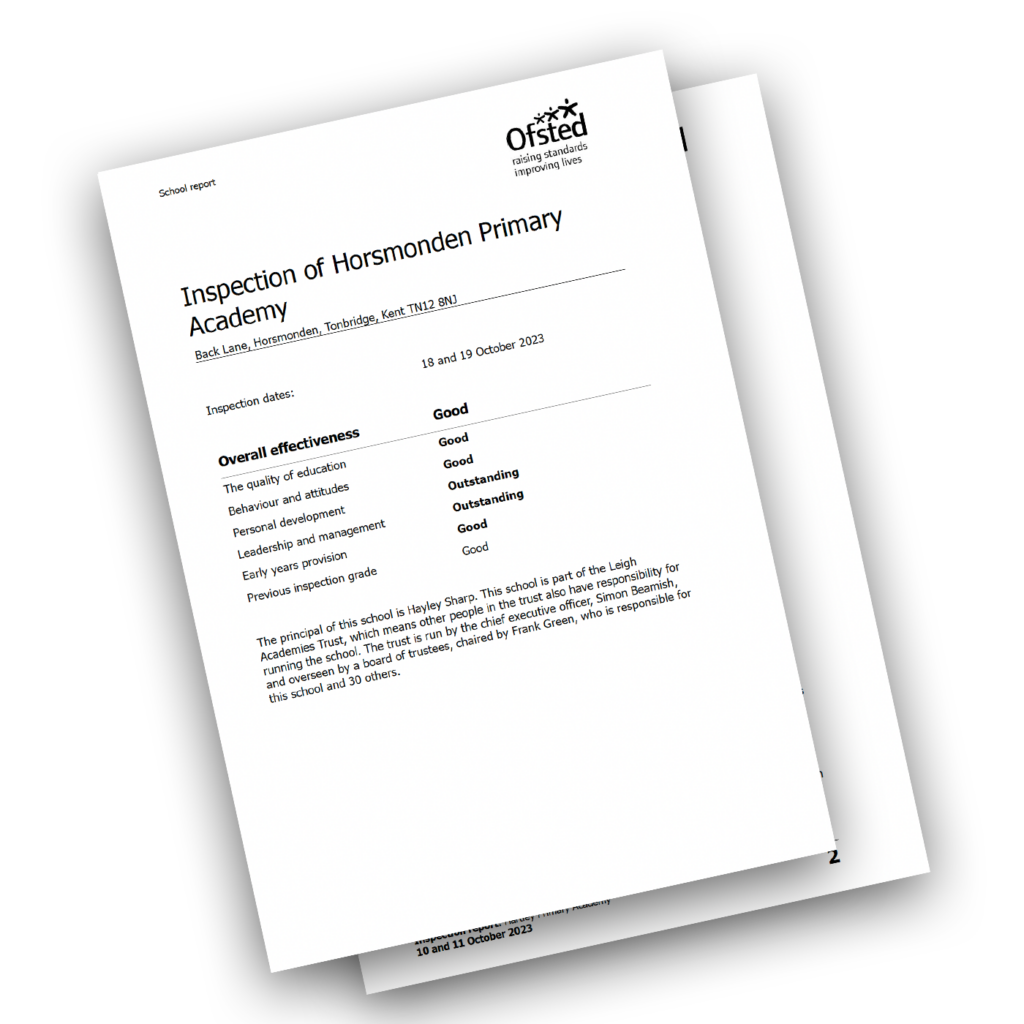 Graphic image of the Horsmonden Primary Academy Ofsted Inspection Report document from 2023.