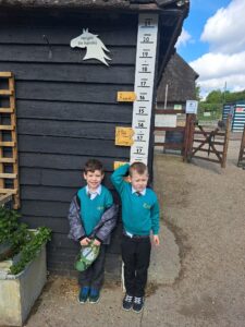 Two young boys from Years 1 and 2 are pictured smiling for the camera, whilst standing beside a measuring stick, during a school trip to Kent Life.